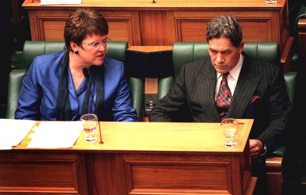 Prime Minister Jenny Shipley with Deputy Prime Minister and Treasurer Winston Peters in Parliament in Wellington 13 August. Shipley asked Governor-General Sir Michael Boys to dismiss Peters 14 August after falling out with him over the sale of Wellington Airport.