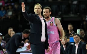 New Zealand Breakers coach Petteri Koponen and Mitch McCarron during the NBL - NZ Breakers v Tasmania JackJumpers at Spark Arena, Auckland, New Zealand on Thursday 16 January 2025. © Photo: Andrew Cornaga / Photosport