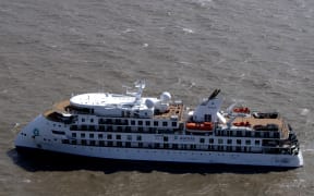 Aerial view of Australian cruise ship Greg Mortimer off the port of Montevideo on 7 April 7 2020.