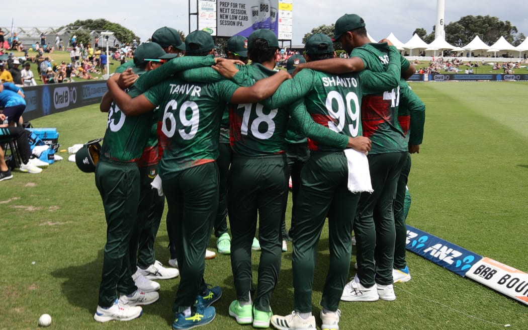 Bangladesh team huddle during the third T20 International match against New Zealand at Mount Maunganui.