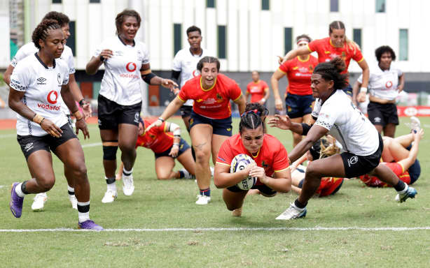 HONG KONG, CHINA - SEPTEMBER 13: Valentina Lucia Perez Marquez of Spain dives in to score her team's third try during the Hong Kong WXV Global Series match between Spain and Fiji at Kai Tak Youth Sports Ground on September 13, 2026 in Hong Kong, China. (Photo by Yu Chun Christopher Wong - World Rugby/World Rugby via Getty Images)