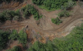Aerial photo of logging road in the Solomon Islands