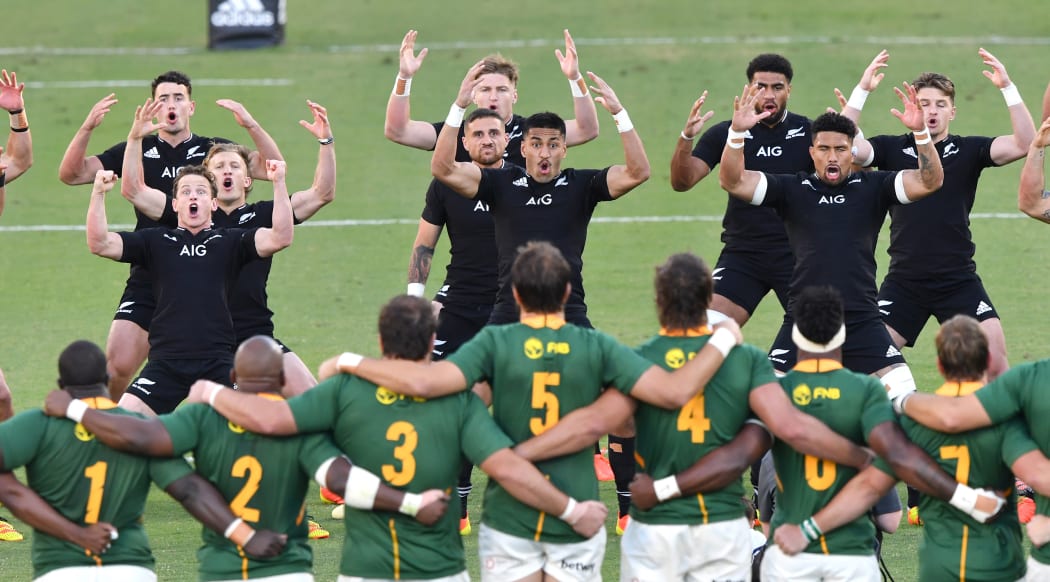 The All Blacks are seen performing the Haka during the Rugby Championship Round 5 match between New Zealand All Blacks and South Africa Springboks at Queensland Country Bank Stadium in Townsville