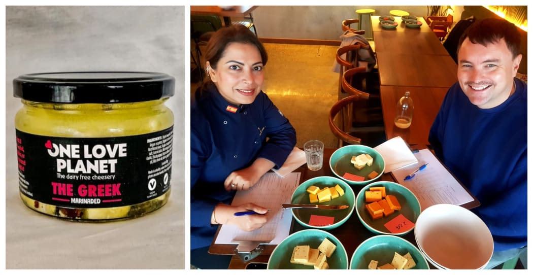 Judges Jasbir “Jazz” Kaur and Tom Sainsbury, taste-testing at the fourth annual Vegan Society of Aotearoa Vegan Cheese Awards. The Supreme Winner was 'The Greek' a dairy free Feta from 'One Love Planet'.