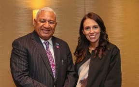 Fiji PM Frank Bainimarama with New Zealand's Jacinda Ardern in London, 2018