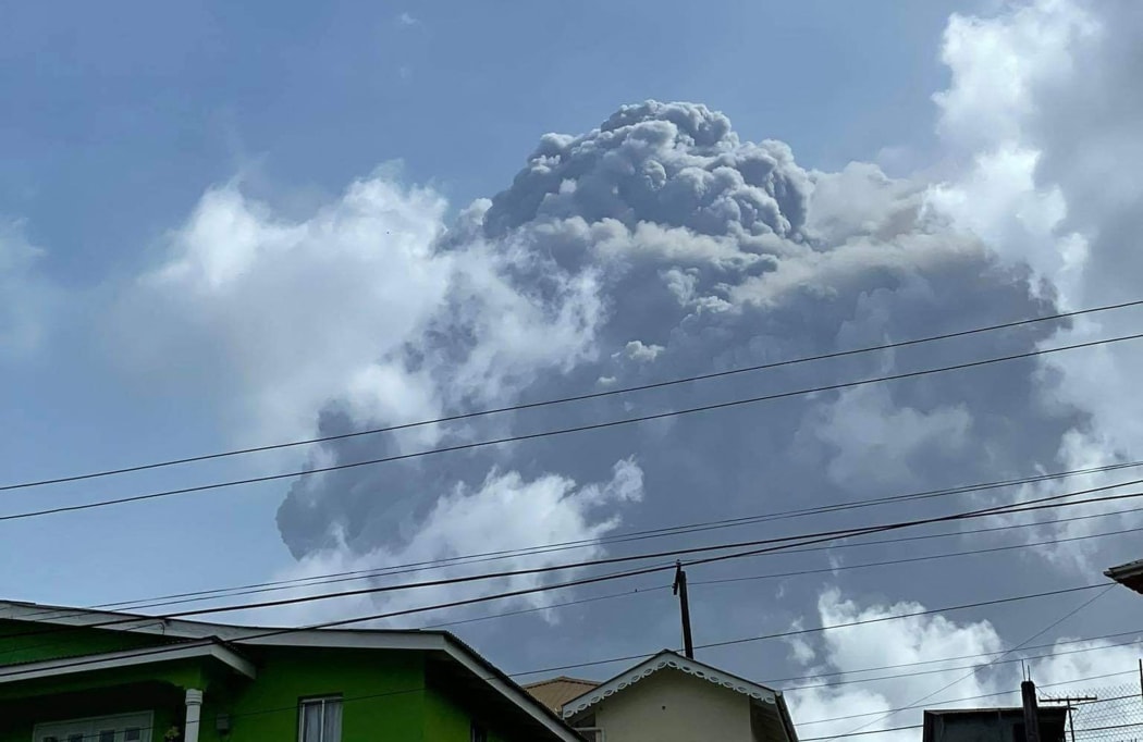 The eruption of La Soufriere Volcano from Rillan Hill in Saint Vincent.