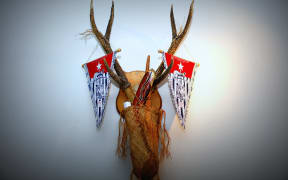 Traditional accessories from West Papua alongside the outlawed West Papuan independence flag, the Morning Star.