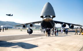 A US Air Force C-5M Super Galaxy transport aircraft, manufactured by Lockheed Martin on display during the Seoul International Aerospace &amp; Defense Exhibition (ADEX) at Seoul Air Base on October 17, 2023 in Seongnam, South Korea. Seoul ADEX is the largest, most comprehensive trade show in Northeast Asia and it is hosted by Korea Aerospace Industries Association (KAIA), Korea Defense Industry Association (KDIA) and Korea Trade-Investment Promotion Agency (KOTRA).  (Photo by Chris Jung/NurPhoto) (Photo by Chris Jung / NurPhoto via AFP)