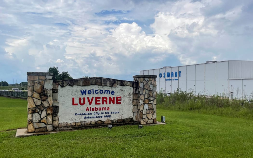 A welcome sign stands next to the SMART Alabama, LLC auto parts plant and Hyundai Motor Co. subsidiary, in Luverne, Alabama, U.S., July 14, 2022.