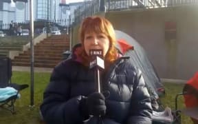 Dunedin MP Clare Curran camping out in the Octagon.