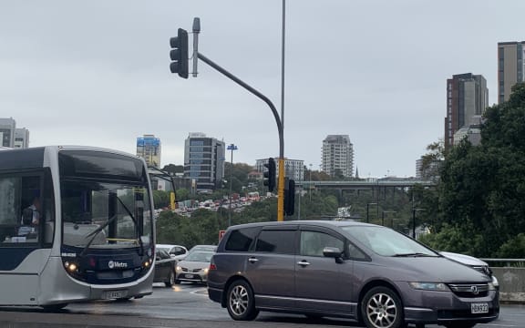 Cars stuck in gridlock traffic during heavy rain in Auckland on 9 May, 2023.