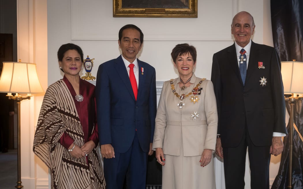 Joko Widodo, President of the Republic of Indonesia and his wife Mrs Iriana Joko Widodo with New Zealand Governor General Dame Patsy Reddy and her husband Sir David Gascoigne.