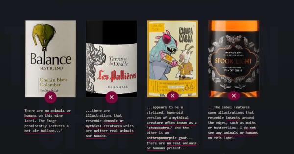 "We collected data for 9,300 wines that appeared on the popular app Vivino and used Chat-GPT Vision to help us categorize the animals on the labels with this prompt: This image is a wine label. Do you see any animals or humans on it?"