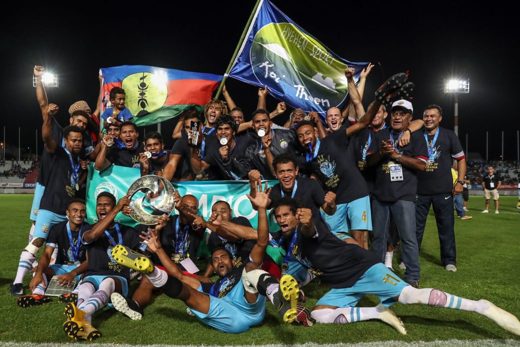 Hienghène Sport celebrate their maiden OFC Champions League title.
