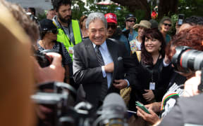 Winston Peters visits protestors at Parliament
