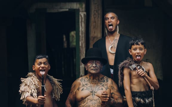 Stan Walker, Tame Iti and others in a scene from Walker's new music video 'Māori Ki Te Ao' (Māori to the world)