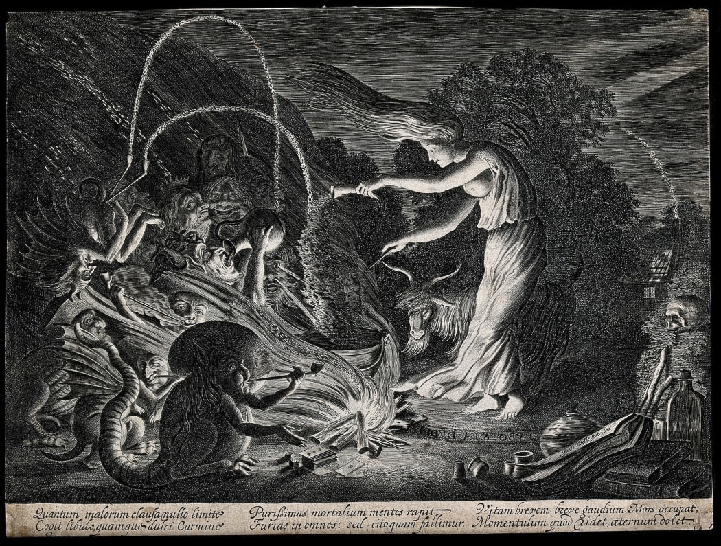 A witch at her cauldron surrounded by beasts. Etching by J. van de Velde II, 1626.