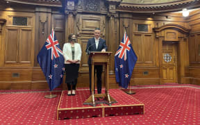 Green Party co-leaders James Shaw and Marama Davidson, as Shaw announces he has been re-elected for his position after  a quarter of delegates at the party's annual general meeting voted to reopen the position for nominations.