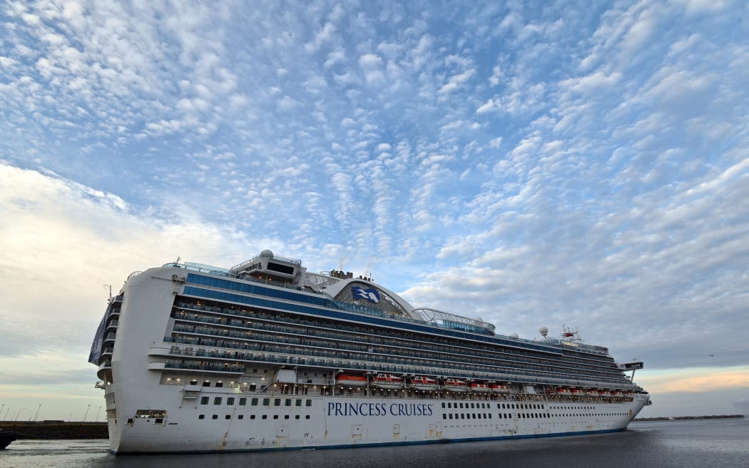 The cruise ship Ruby Princess departs from Port Kembla, some 80 kilometres south of Sydney, on April 23, 2020, after a few hundred virus-free crew members disembarked to begin the process of repatriation to their home countries.