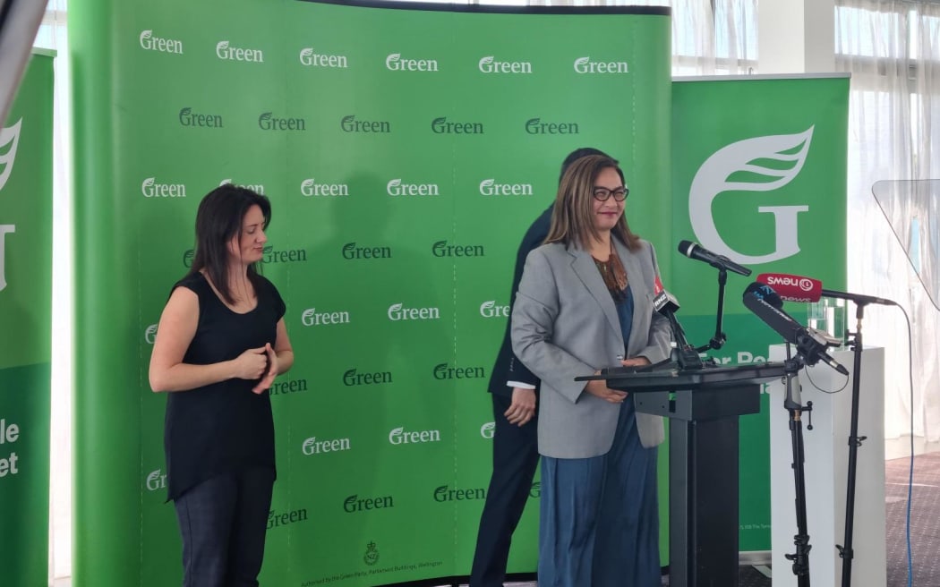Green Party co-leader Marama Davidson announcing a policy to set a legally binding target to protect 30 percent of our ocean by 2030 at the Okahu Events Centre in Auckland on 10 September 2023.