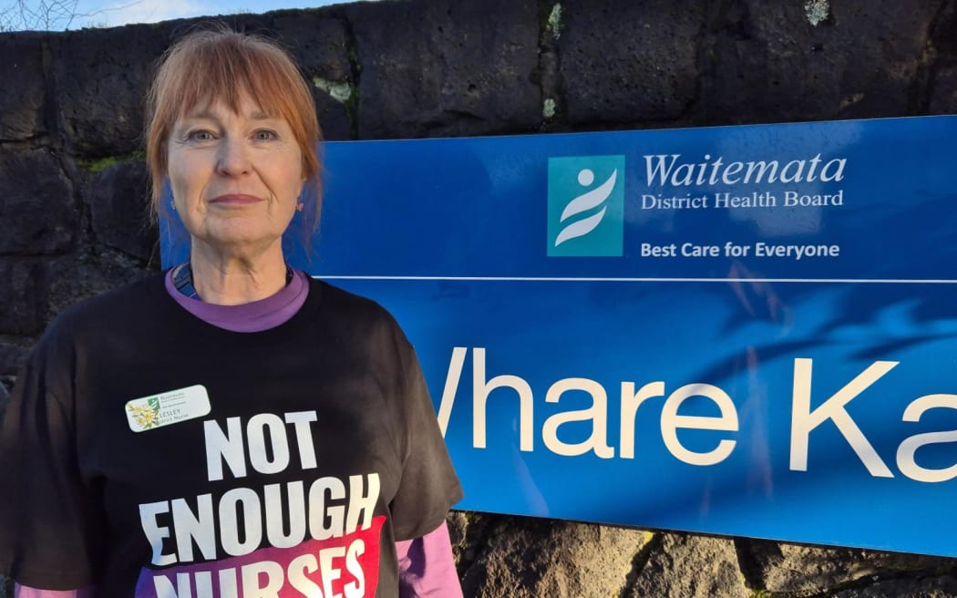 District nurses on Auckland's North Shore wear t-shirts saying 'Not Enough Nurses' as part of industrial action over staffing levels.