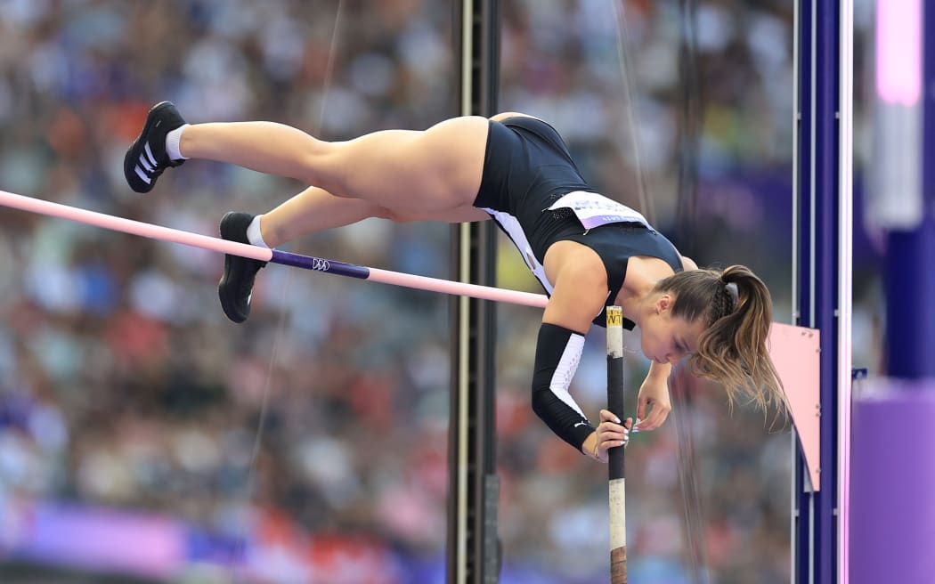 Olivia McTaggart competes in the Women's Pole Vault Group A Qualification during the 2024 Paris Olympics.