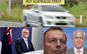 Three images: car driving past an election poster saying 'Put Australia first'; Anthony Albanese; Tony Abbott stands in front of a photo of Malcolm Turnbull.