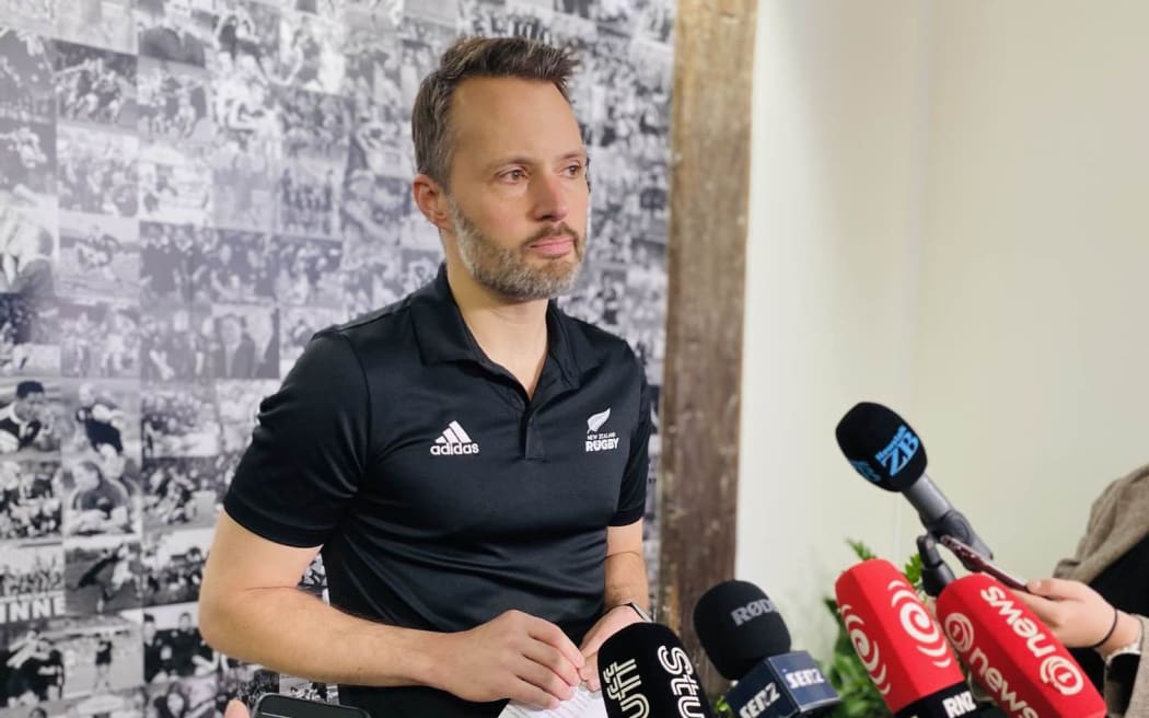 NZ Rugby GM professional rugby & performance Chris Lendrum speaks at a media conference over the sudden resignation of All Blacks assistant coach Leon MacDonald.