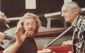 John Ayton (Kiwi) with Jaques Cousteau on his 65 birthday. At Long Beach, CA preparing the PBY for an expedition.