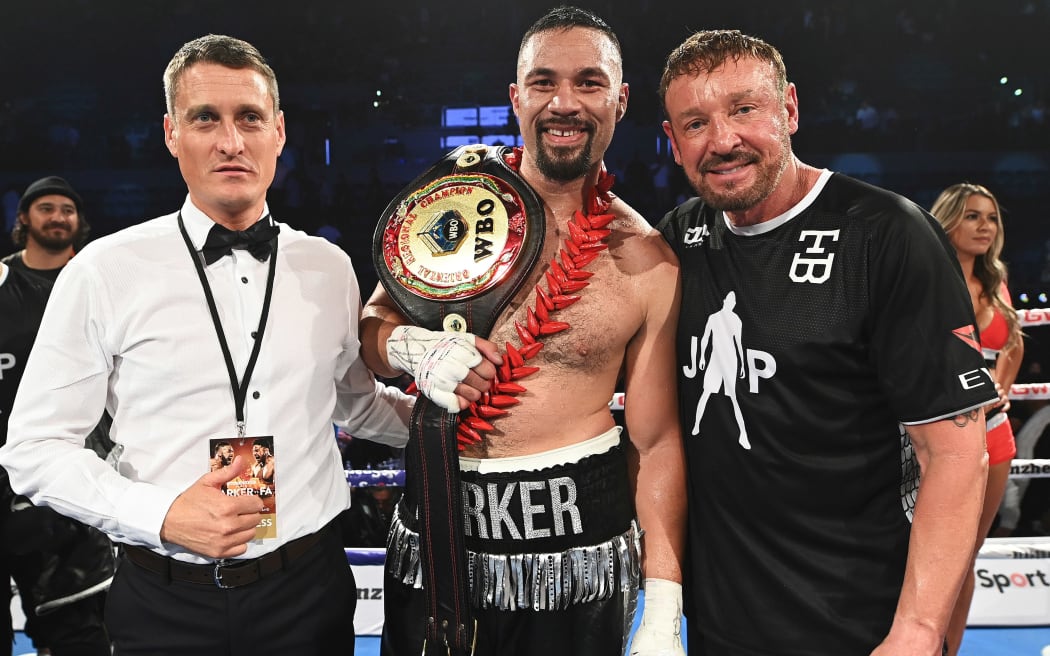 (L to R) David Higgins, Joseph Parker and trainer Kevin Barry,