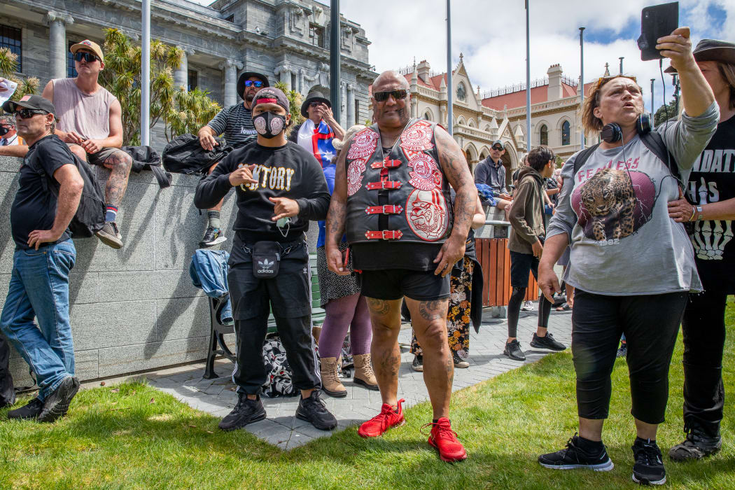 Every protestor I asked was not local. Many came long distances. This attendee is from the Mongrel Mob Notorious chapter, Tokoroa.