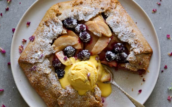 GF pear and blackberry galette w/ walnut pastry