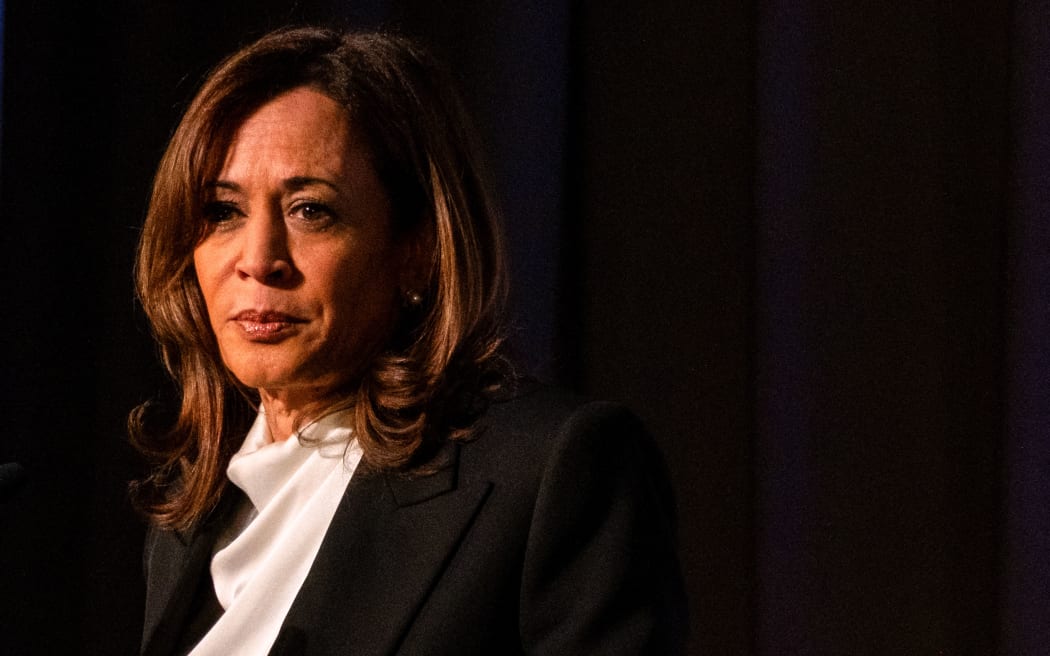 Former US Vice President Kamala Harris pauses as she speaks at the Emerge 20th Anniversary Gala in San Francisco, California, on April 30, 2025. (Photo by Camille Cohen / AFP)