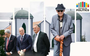 Collage of Kiingi Tuuheeitia at Rātana Church with Winston Peters, Christopher Luxon and Shane Jones behind.