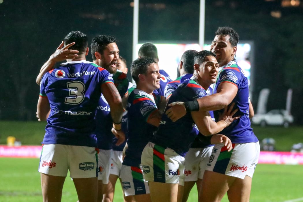 The Warriors celebrate the George Jennings  try. Manly Sea Eagles v Vodafone Warriors. NRL Rugby League, Lottoland, Sydney, NSW, Australia. 7th August 2020. Copyright Photo: David Neilson / www.photosport.nz