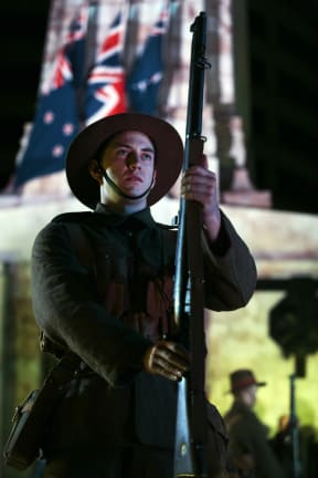 250414. Photo Diego Opatowski / RNZ. ANZAC Day celebrations in Wellington. Soldier on the Cenotaph.