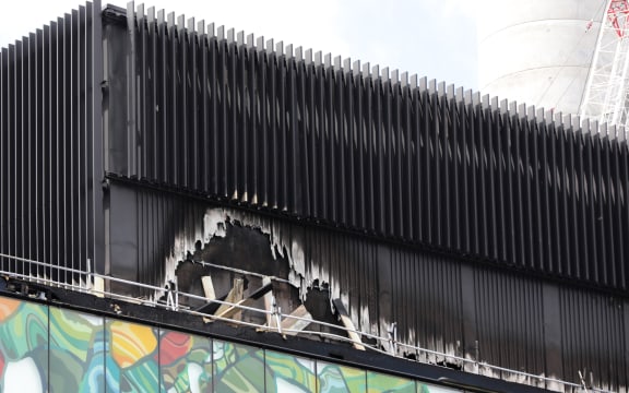 Damage from the SkyCity Convention Centre fire can be seen on the roof.