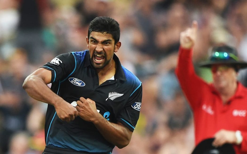 Ish Sodhi celebrates the wicket of Steve Smith in the Chappell-Hadlee series decider at Seddon Park, Hamilton, 8 February 2016. Copyright photo: Andrew Cornaga / www.photosport.nz
