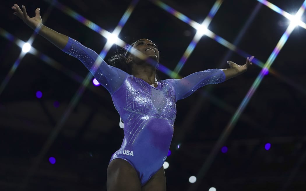 Simone Biles finishes her routine at the 2019 Gymnastics World Championships in Stuttgart.
