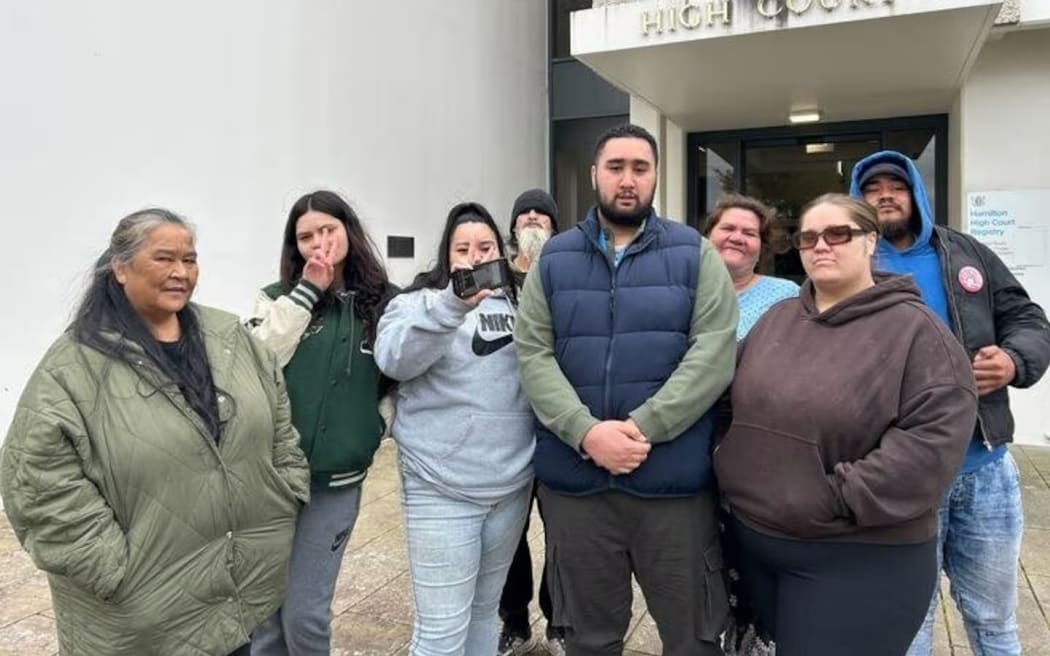 Whānau of William Brown, 46, Shylin Huirama-Osborne, 26, and Sione Nusipepa, 23, outside the High Court at Hamilton in August after Norton Sowerby pleaded guilty to causing the men's deaths.