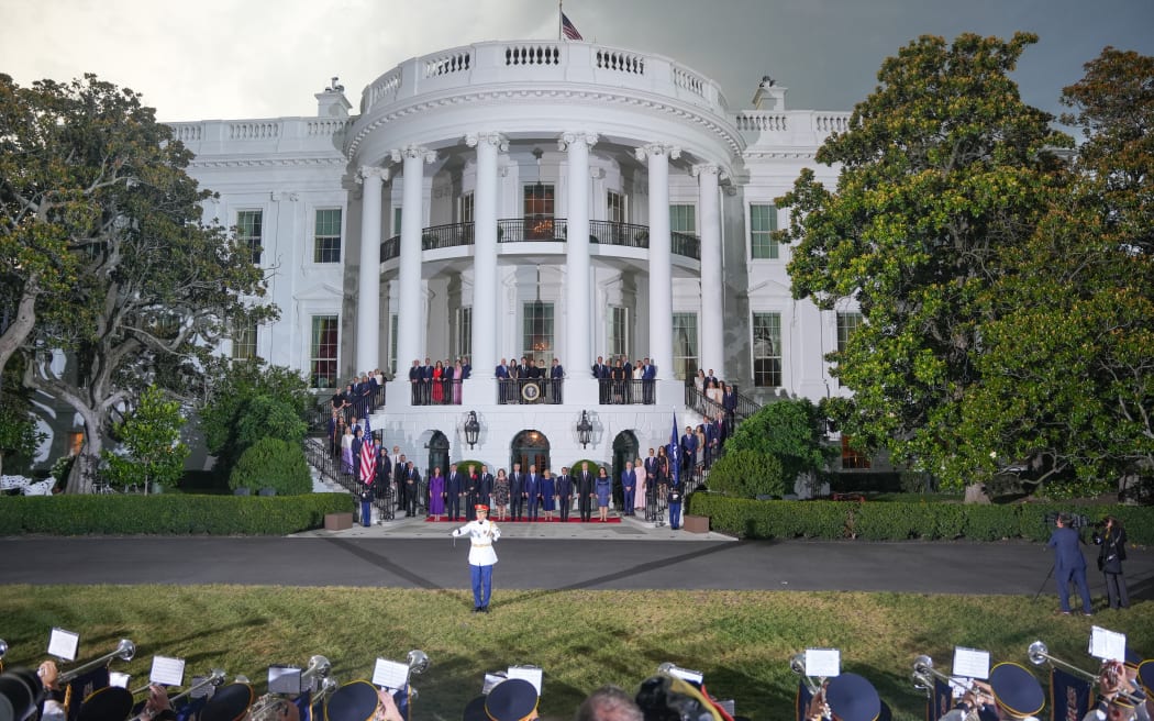 Leaders from NATO members and partners, attending the Summit in Washington DC, pose for a photo at the White House.