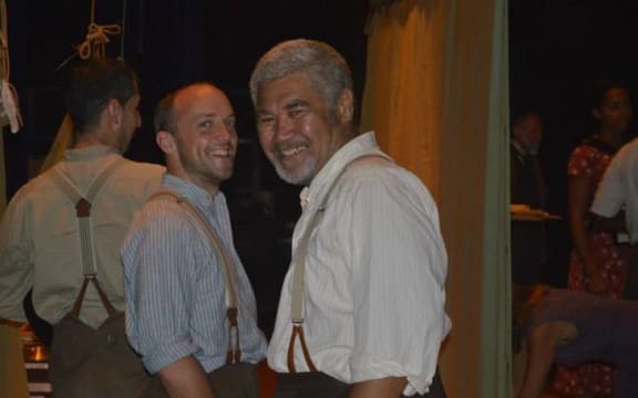 Rawiri Paratene (right) on the set of Hamlet.