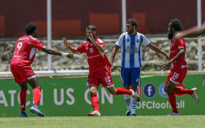 Galaxy celebrate Roberson Dos Santos Ribiero's opening goal.