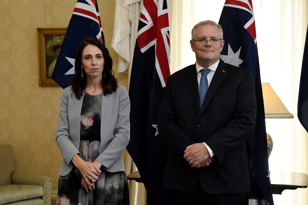 Prime Minister Jacinda Ardern and Australia's Prime Minister Scott Morrison attend the signing of the Indigenous Collaboration Arrangement at Admiralty House in Sydney on February 28, 2020.