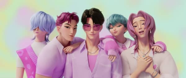 Animation film K-Pop Demon Hunters' Saja Boys members inu, Abby, Mystery, Romance, and Baby in pink outfits.