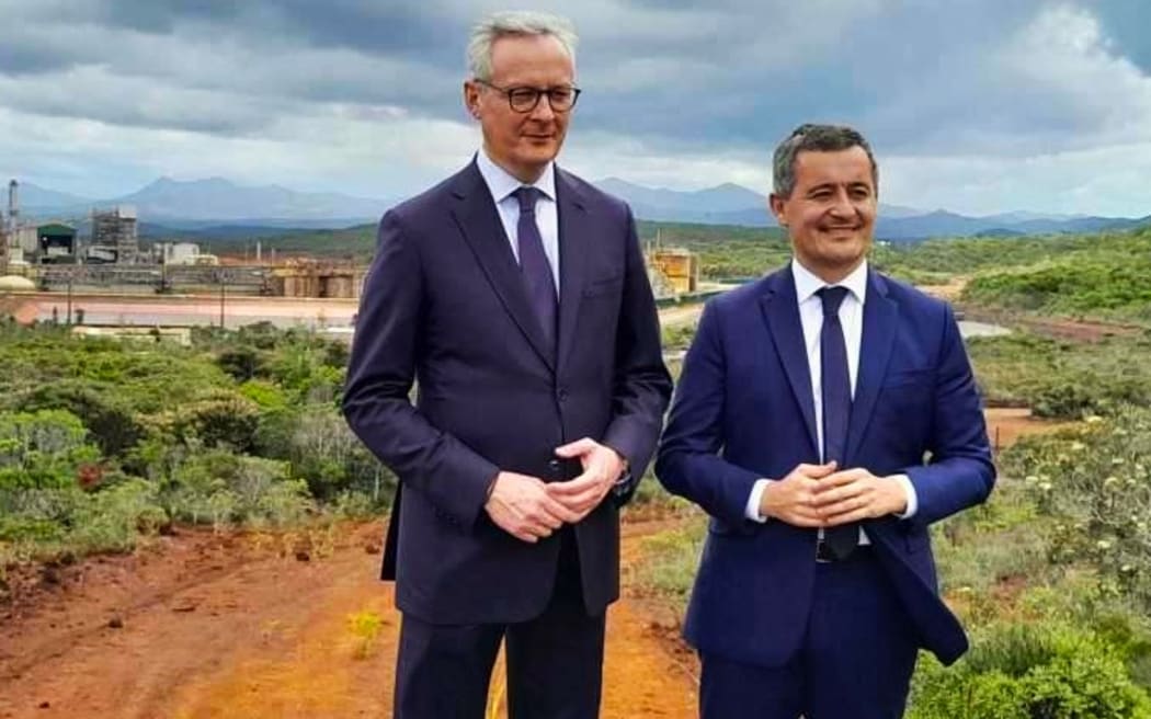 Finance minister Bruno Le Maire and Home Affairs and Overseas minister Gérald Darmanin, at New Caledonia's Prony nickel plant in November 2023.