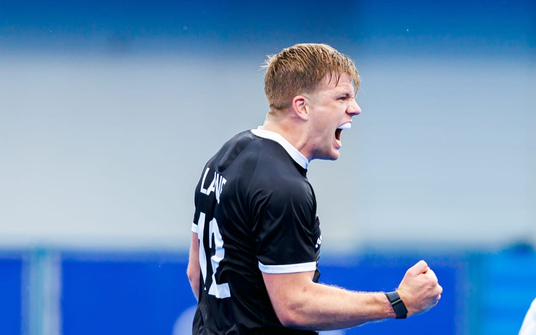 Sam Lane celebrates after scoring the team’s first goal in the India vs New Zealand Black Sticks game during Pool B on 28 July, 2024.