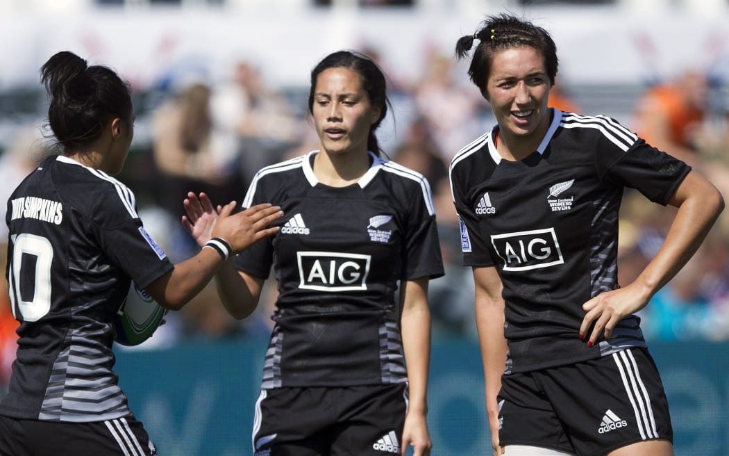 New Zealand's Katarina Whata-Simpkins celebrates a try with her team-mates.