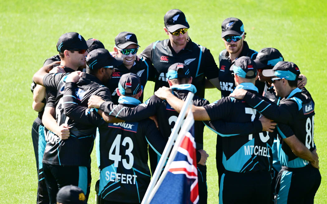 Black Caps team huddle vs Sri Lanka in 2023.