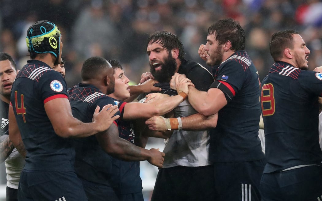 France vs New Zealand All Blacks
New Zealand's Sam Whitelock scuffles with French players